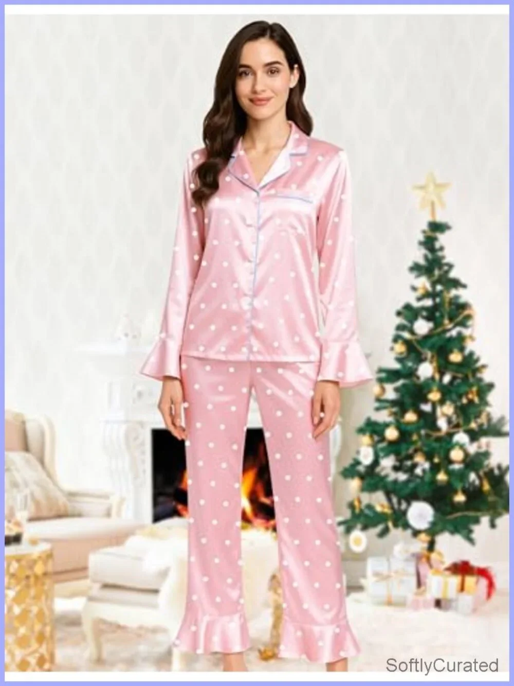 5 Pc Satin Pajama Set Long Sleeve Ruffle Button Down Pjs Sleepwear Loungewear